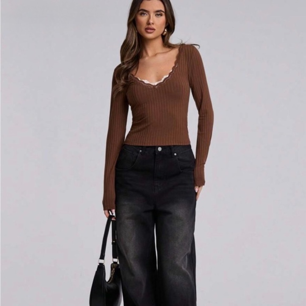 🌸S78 - Bae Brown Ribbed Long Sleeve Top🤎